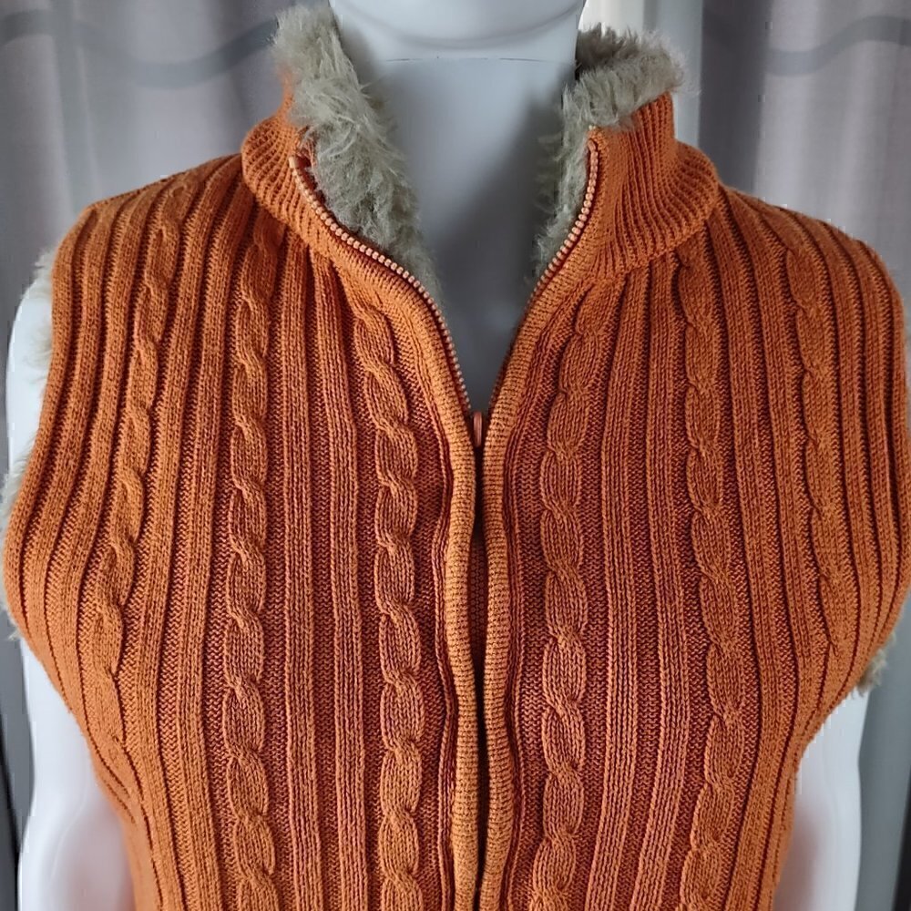 Kikit Women’s Orange Zipped Faux Fur Lining 100% Cotton Sweater Vest Size Small - Picture 2 of 10